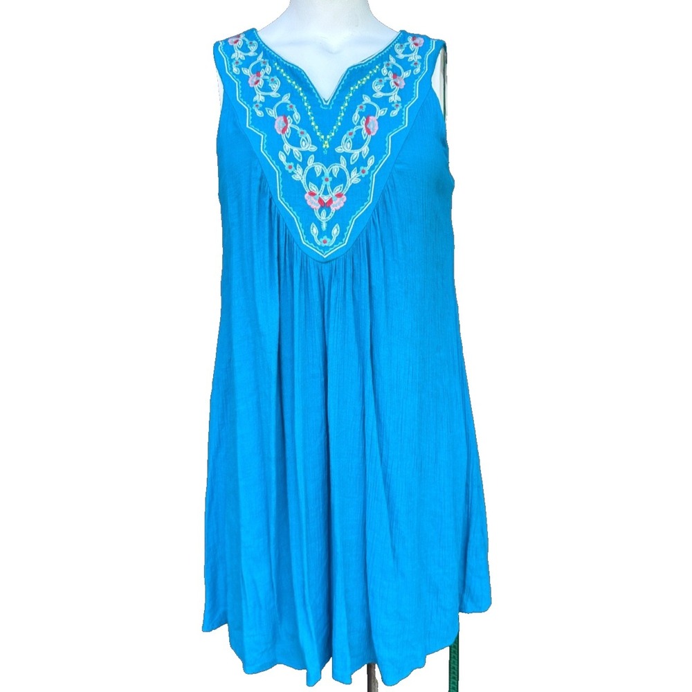 Luxology Boho Dress Womens 12 Teal Embroidered V Neck Sleeveless A Line Kawaii